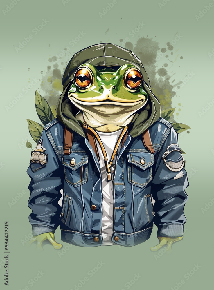 Frog Cap Graphics Cartoon Illustration of frog. An animal dressed up in denim jacket, cap ...