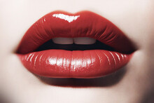 Women's Lips. Glitter On The Lips. Lipstick On Lips Close-up. Selective Focus. AI Generated