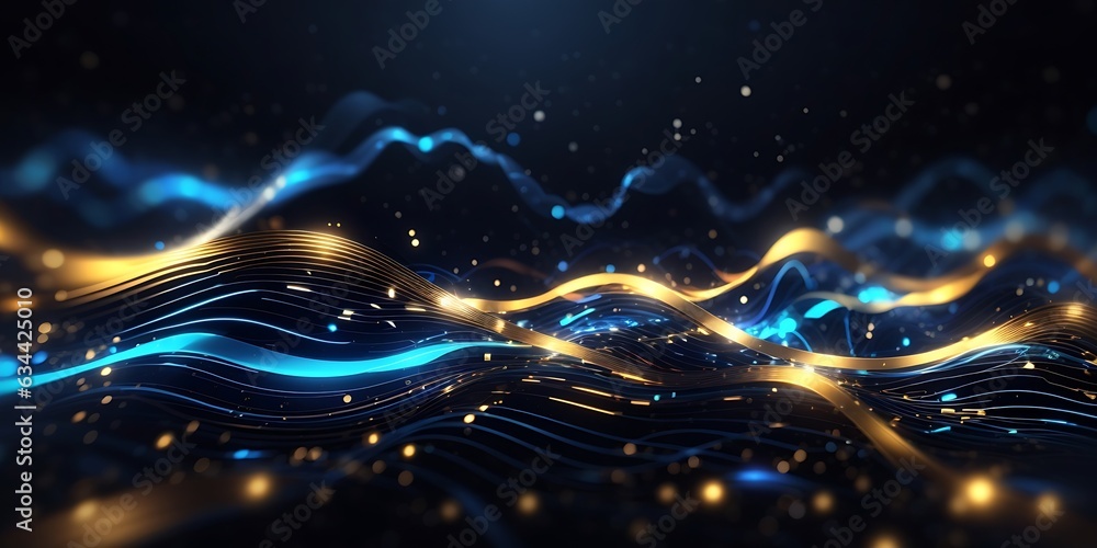 Abstract futuristic dark blue wave line background with glowing light ...