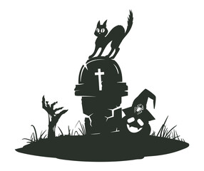 Wall Mural - Halloween gravestone silhouette. Creepy tombstone with zombie scrawny hand, bristling cat and spooky pumpkin. Halloween flat cartoon vector illustration