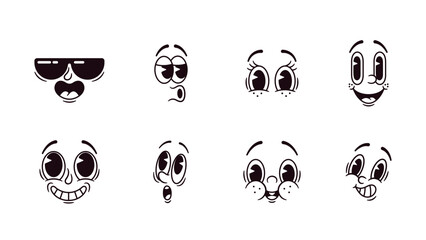 Retro Cartoon Emoji Set, Nostalgic Collection Of Vintage-inspired Emoticons. Cool, Whistle, Smile And Surprised Faces