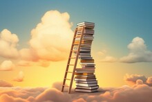 Abstract Book Stack With Ladder On Sky With Clouds Background. Ladder Going On Top Of Huge Stack Of Books. Education And Growth Concept. 3D Rendering
