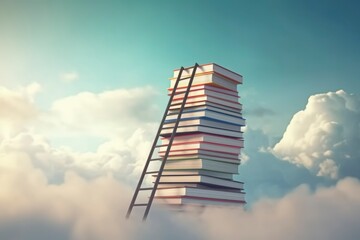 Poster - Abstract book stack with ladder on sky with clouds background. Ladder going on top of huge stack of books. Education and growth concept. 3D Rendering