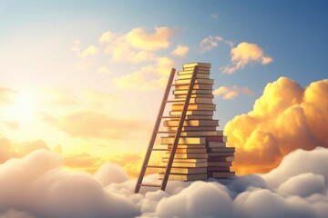 Wall Mural - Abstract book stack with ladder on sky with clouds background. Ladder going on top of huge stack of books. Education and growth concept. 3D Rendering