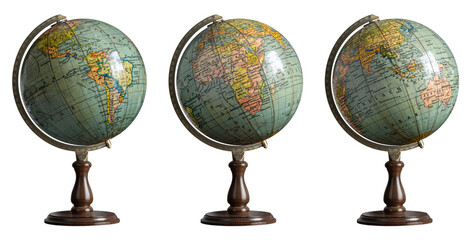 Wall Mural - Old world Globe isolated on white background. Three hemispheres of the globe in antique style. South and North America and Africa, Asia, Europe, Australia.