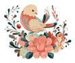 A colorful bird sitting on top of a bunch of flowers. AI Generative.