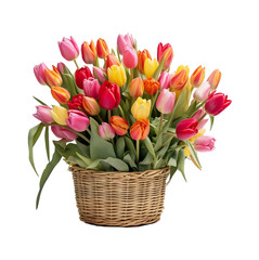 Wall Mural - Beautiful colorful tulips in a basket on a transparent background.