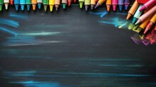 Colorful Crayons On The Blackboard Drawing. Back To School