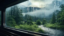 Rainy Day Rails: Overlooking Scenic Beauty Through Misty Glass Windows
