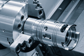 Poster - Metal machine tools industry. CNC turning machine high-speed cutting is operation.
