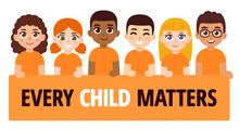 Cartoon Group Of Children Wearing Orange Shirt Day T-shirts And Holding Banner With Text Every Child Matters