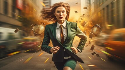 The rapid businesswoman running fast racing with time in chaotic and colorful background. Generative AI AIG30.