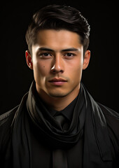 Wall Mural - Asian Male Portrait Wearing a Black Suit-Handsome Man Against a Black Background