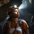 Black Woman Exploring Cave, African American Caver or Speleology Scientist