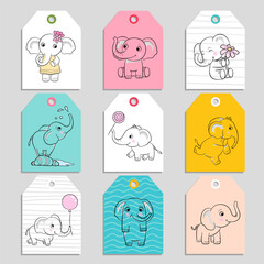 Wall Mural - Elephant cards. cartoon funny baby elephants in action poses. vector tags templates