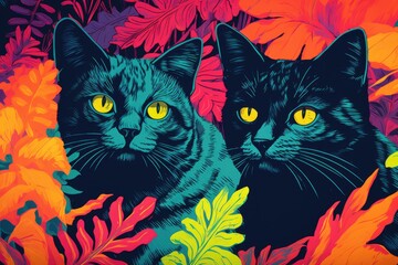 Naklejka na meble A couple of cats sitting next to each other. Digital image. Colorful vibrant pop style image.