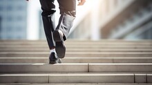 Blurred Background And Young Businessman Feet Up Sprinting Up Stairs Office Middle Image