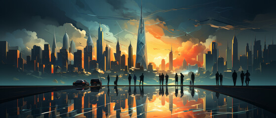 Wall Mural - illustration teamwork of A group of people stand in front of a cityscape