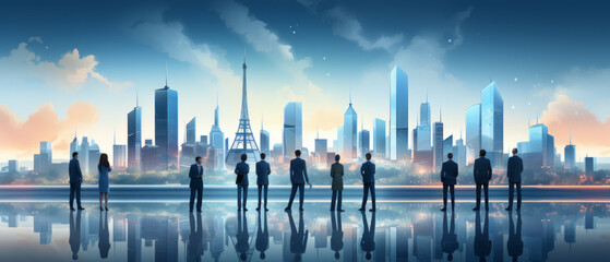 Wall Mural - illustration teamwork of A group of people stand in front of a cityscape