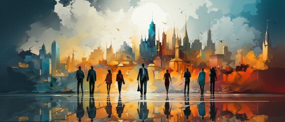 Wall Mural - illustration teamwork of A group of people stand in front of a cityscape