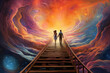 © Lazy_Bear - Couple in love walking together in surrealistic landscape. Man and woman standing at edge of land with colorful fantastic sky. Cosmic love and romantic emotions