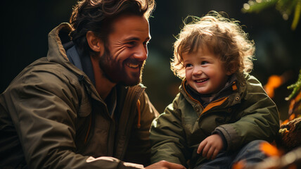 Wall Mural - Dad and baby son playing together outdoors