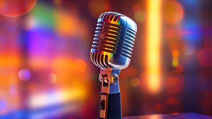 Wall Mural - photograph of A classic musical microphone on blur colorful background.generative ai