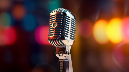 Wall Mural - photograph of A classic musical microphone on blur colorful background.generative ai