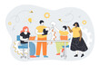 Colleagues sharing ideas at desk vector illustration. Cartoon drawing of business or company project manager, employees working on laptops. Enterprise communication, teamwork, management concept