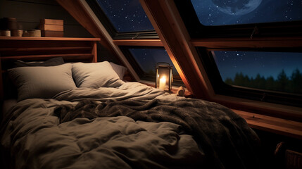 A loft - style bedroom in a tiny home, minimalist design, skylight with a view of the starry night sky