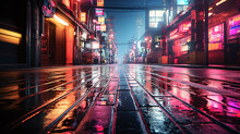 Japan Neon Lights Wet Road Street Background In Night After Rain In Old Town. City Urban Empy Street With Lights Of Shop Sign And Windows.