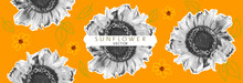 Sunflowers Halftone Collage Elements And Doodles Set. Whole Flower, Halves And With Copy Space. Modern Pop Art Dotted Objects For Mixed Media Design. Vector Illustration Isolated On Yellow Background