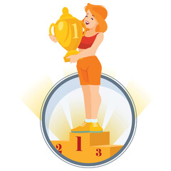 Wall Mural - Happy cartoon woman hugging gold cup. Illustration for internet and mobile website.