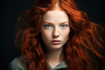 Portrait of a beautiful red-haired woman, the concept of youth and a beautiful hairstyle