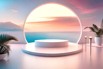 Wall Mural - Pastel colors 3d podium for cosmetic products showcase. 3d background for branding and product presentation. Big arch window with sea view and podium, pedestal, round stage. 3d rendering.