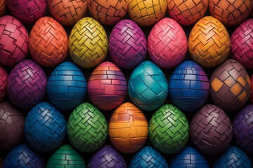 Wall Mural - Creative background of colorful Easter eggs. Various patterns and vibrant colors. Spring holidays concept. 