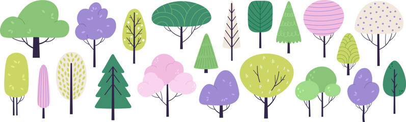 Cute doodle flat tree and bush. Eco silhouettes trees with colorful foliage. Minimal design forest elements, scandinavian racy vector graphic