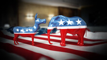 Republican And Democrat Party Political Symbols Elephant And Donkey On American Flag. 3D Illustration