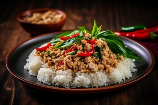 Wall Mural -  - Thai basil chicken minced spicy pad krapow and white rice