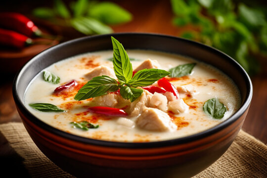 Wall Mural -  - Close up of Tom Kha Gai chicken in coconut soup