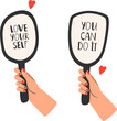 Self acceptance concept, love yourself. Self esteem vector illustration.Happy mans hand holding a mirror