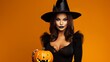 © Suleyman - Magician woman wearing black costume and halloween makeup holding carved pumpkin, isolated over yellow background Generative AI