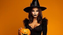 Magician Woman Wearing Black Costume And Halloween Makeup Holding Carved Pumpkin, Isolated Over Yellow Background Generative AI