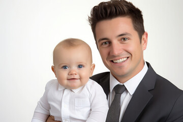 business man's face lights up with a warm smile and looking affectionately at his child. They share a joyful moment, embodying harmony of professional success and patural love of a father