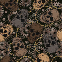 Wall Mural - Brown camouflage pattern with human skulls, gears, bike chain, rivets. Dark scary gothic illustration in steampunk style. For apparel, fabric, textile, sport goods.