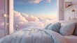 A bed in a room surrounded by fluffy cottony clouds on a dreamy scene. Tranquility and relaxation concept