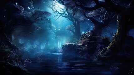 Wall Mural - Night fabulous dark forest. AI generation