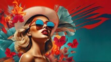 Beautiful Woman With Sunglasses, Tropical Photo Collage, In The Style Of Modernism-inspired Portraiture, Retro Pop Art Inspirations