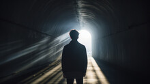 Light Piercing Darkness Description, A Person Standing In A Tunnel With Sunlight Streaming Through The Exit