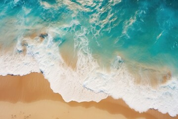  Sandy beach, turquoise ocean and waves, top view, summer landscape
